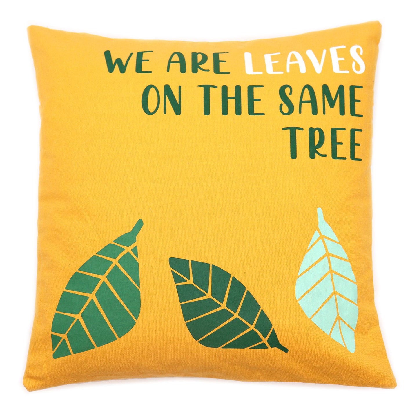 Square cotton cushion cover with an artistic yellow and blue leaf pattern on a natural background.