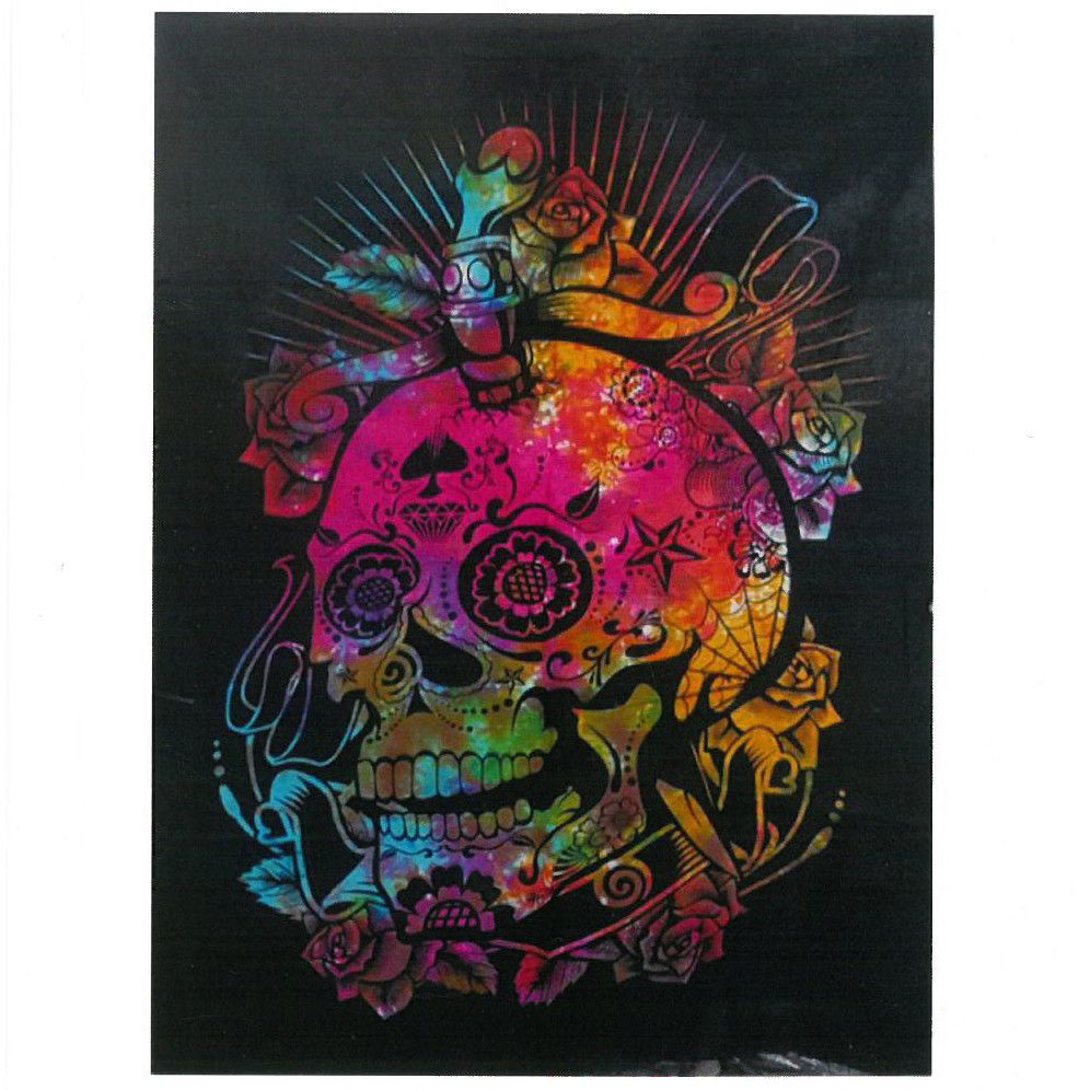 Large cotton wall hanging featuring a vibrant, detailed Day of the Dead sugar skull design on a deep black background.
