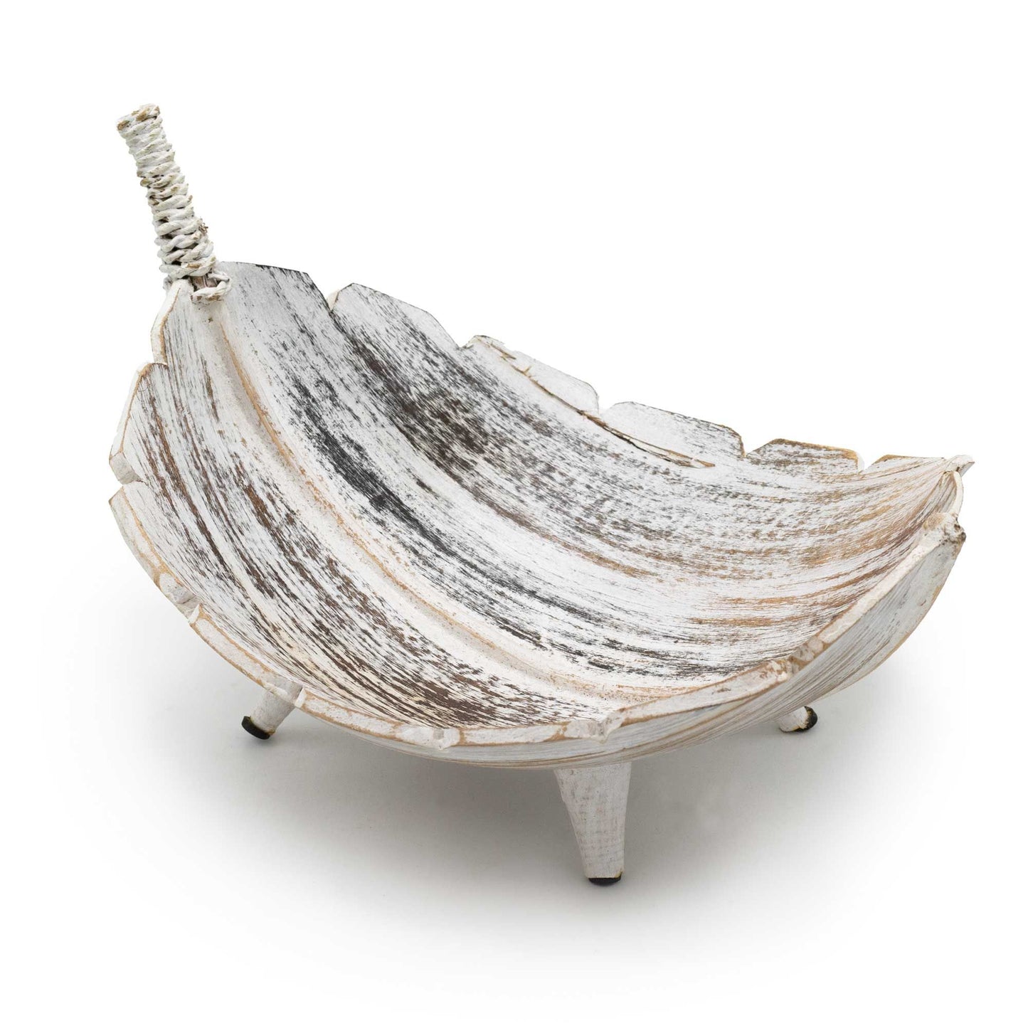 Large hand-carved coconut leaf fruit bowl with a rustic whitewash finish showcasing natural wood textures.
