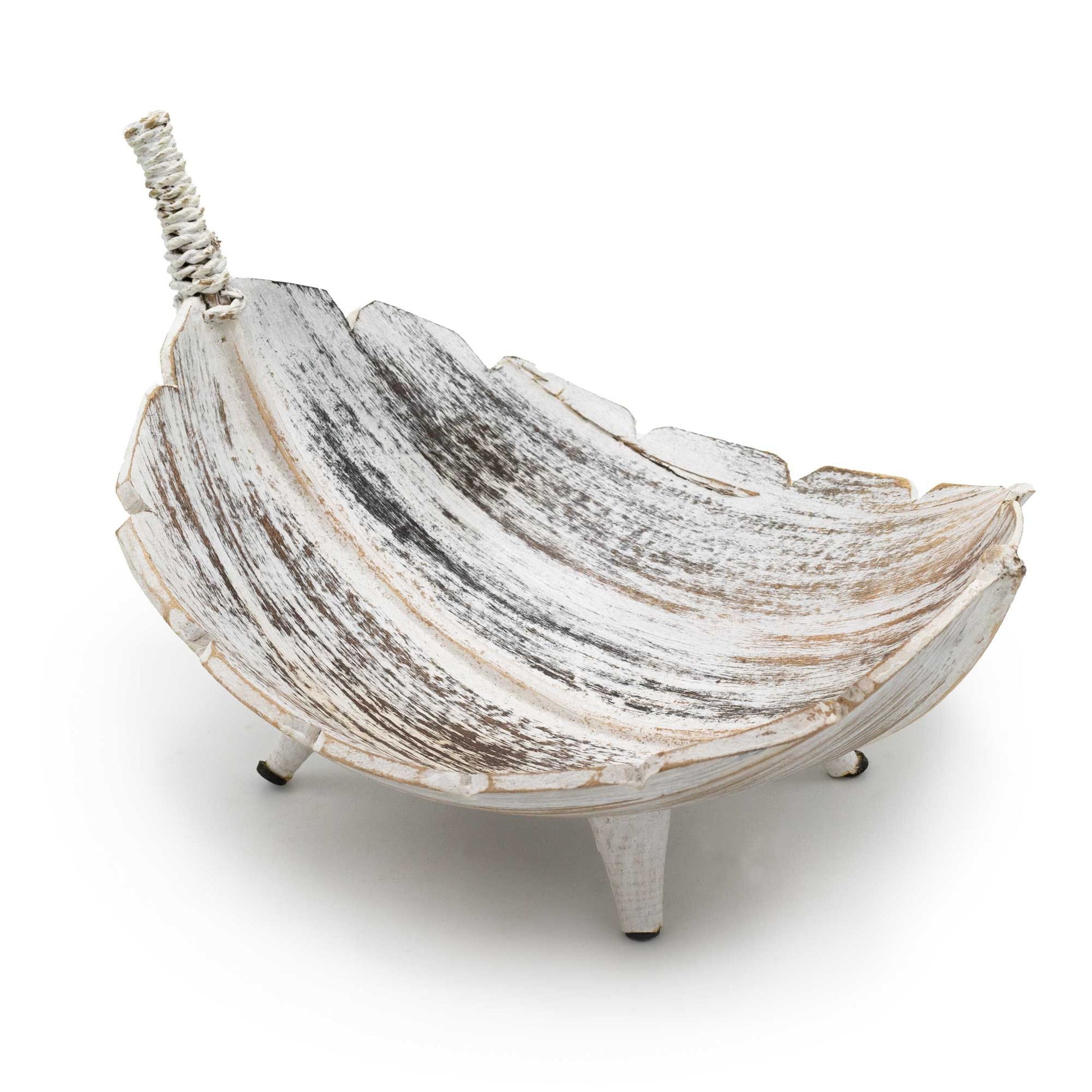 Large hand-carved coconut leaf fruit bowl with a rustic whitewash finish showcasing natural wood textures.