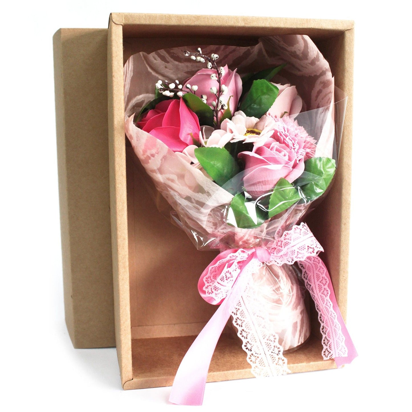 Elegant gift box containing a beautiful arrangement of realistic pink soap roses and floral buds.