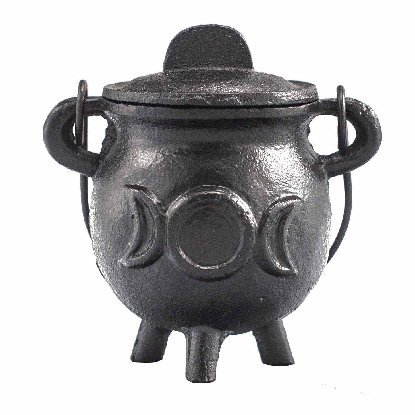 Small black cast iron ritual cauldron featuring an embossed triple moon symbol on three sturdy legs.