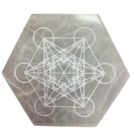 Large hexagonal white selenite charging plate with an engraved compass-style direction and decision design.