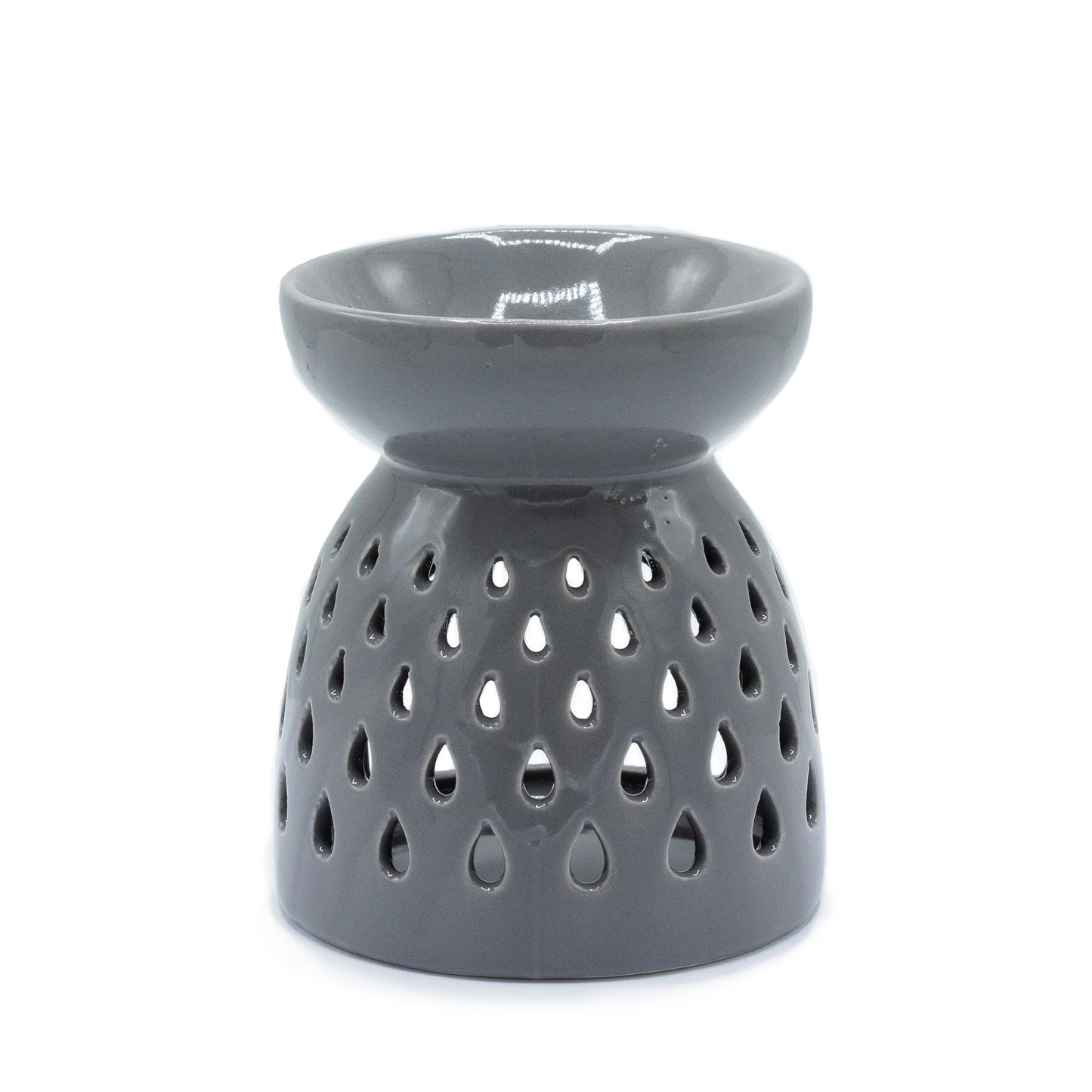 Grey ceramic oil burner with decorative teardrop-shaped cutouts and a gloss finish.