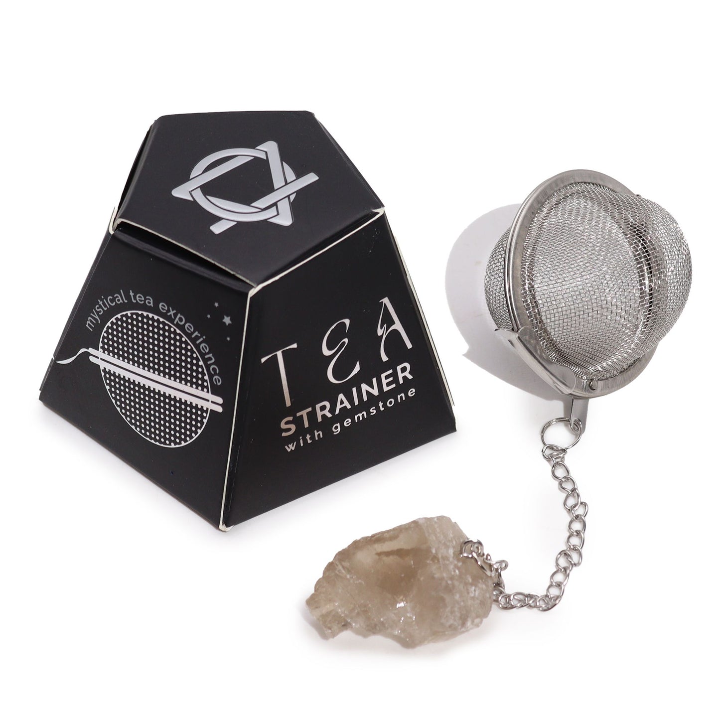 Stainless steel mesh tea strainer with a natural raw smoky quartz crystal gemstone attached to the handle.