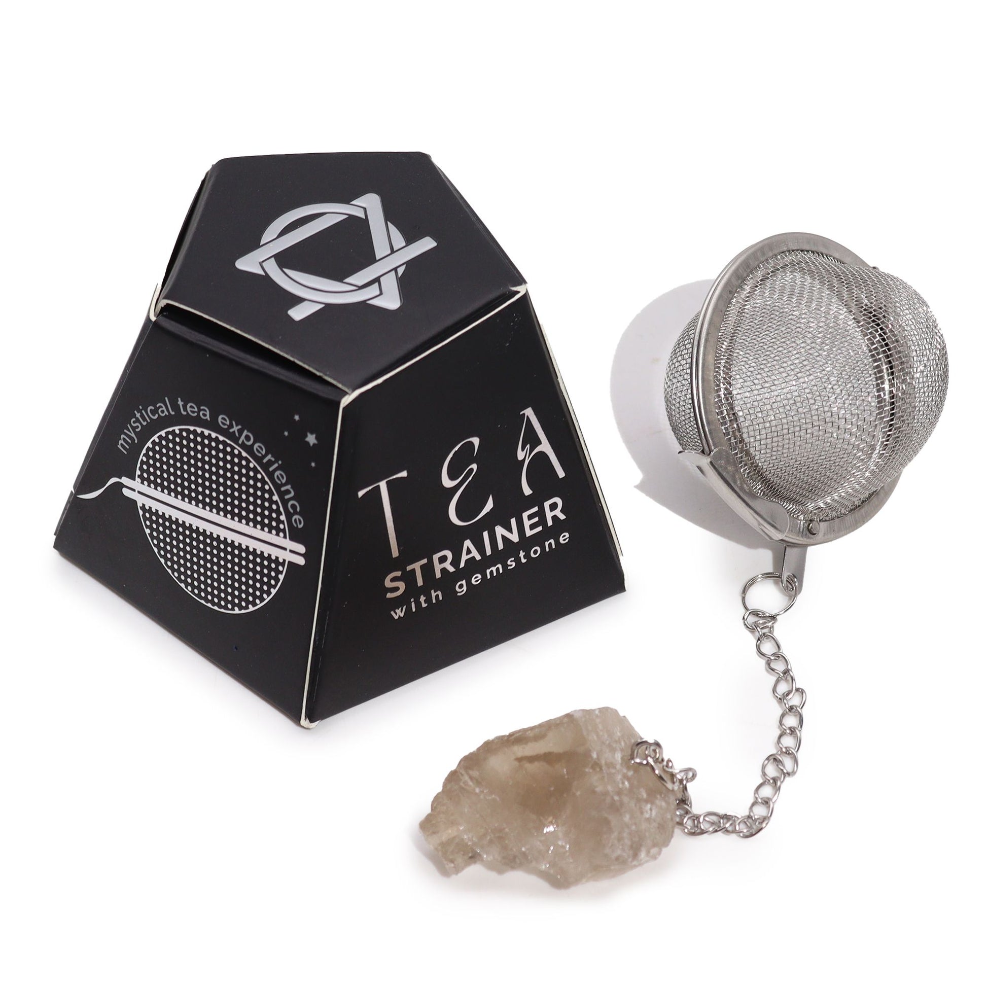 Stainless steel mesh tea strainer with a natural raw smoky quartz crystal gemstone attached to the handle.