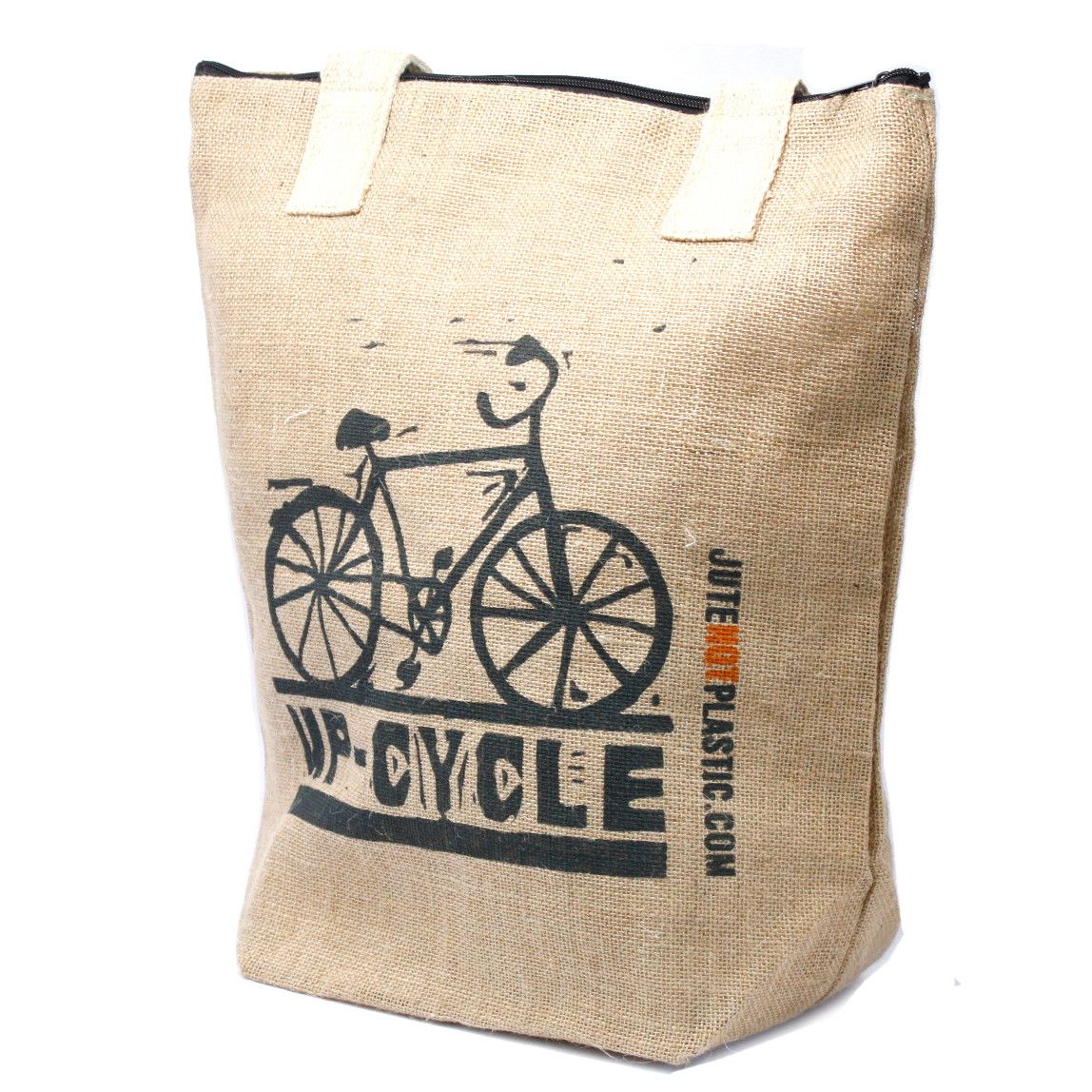 Large eco-friendly jute shopping bag with soft cotton handles and a secure zip closure in a lifestyle setting.