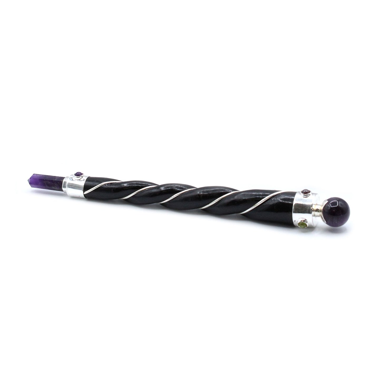 Silver-tone metal healing wand with a twisted design topped with a purple polished Amethyst crystal sphere.