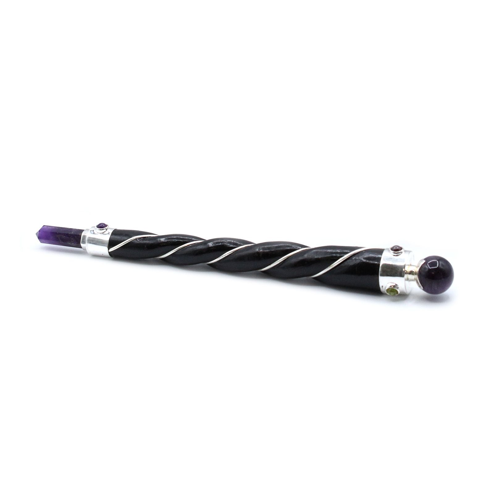 Silver-tone metal healing wand with a twisted design topped with a purple polished Amethyst crystal sphere.