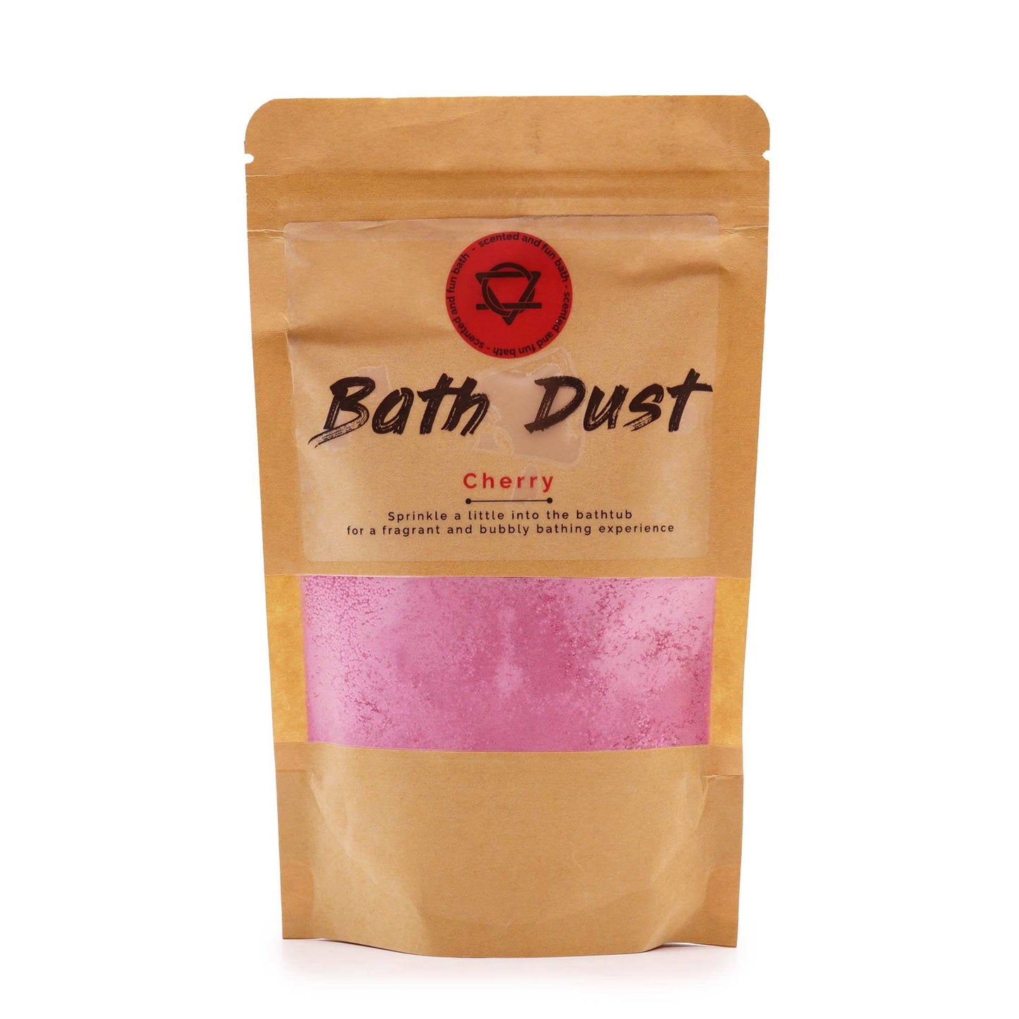 Fine pink and red bath powder with a sweet cherry scent in a clear 190g bag.