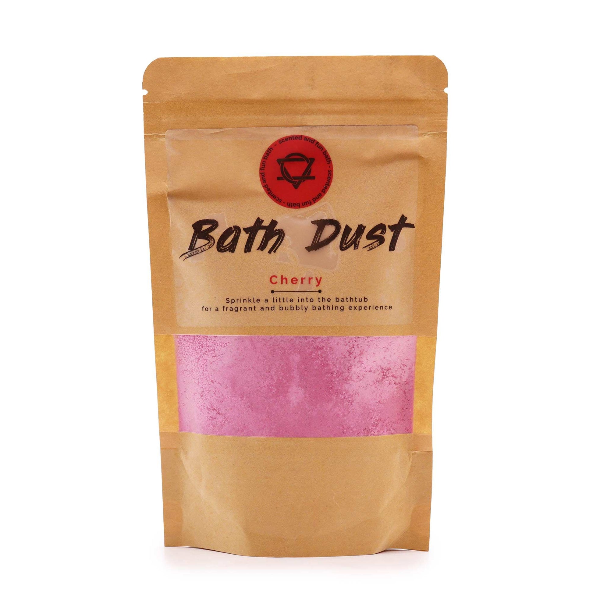 Fine pink and red bath powder with a sweet cherry scent in a clear 190g bag.