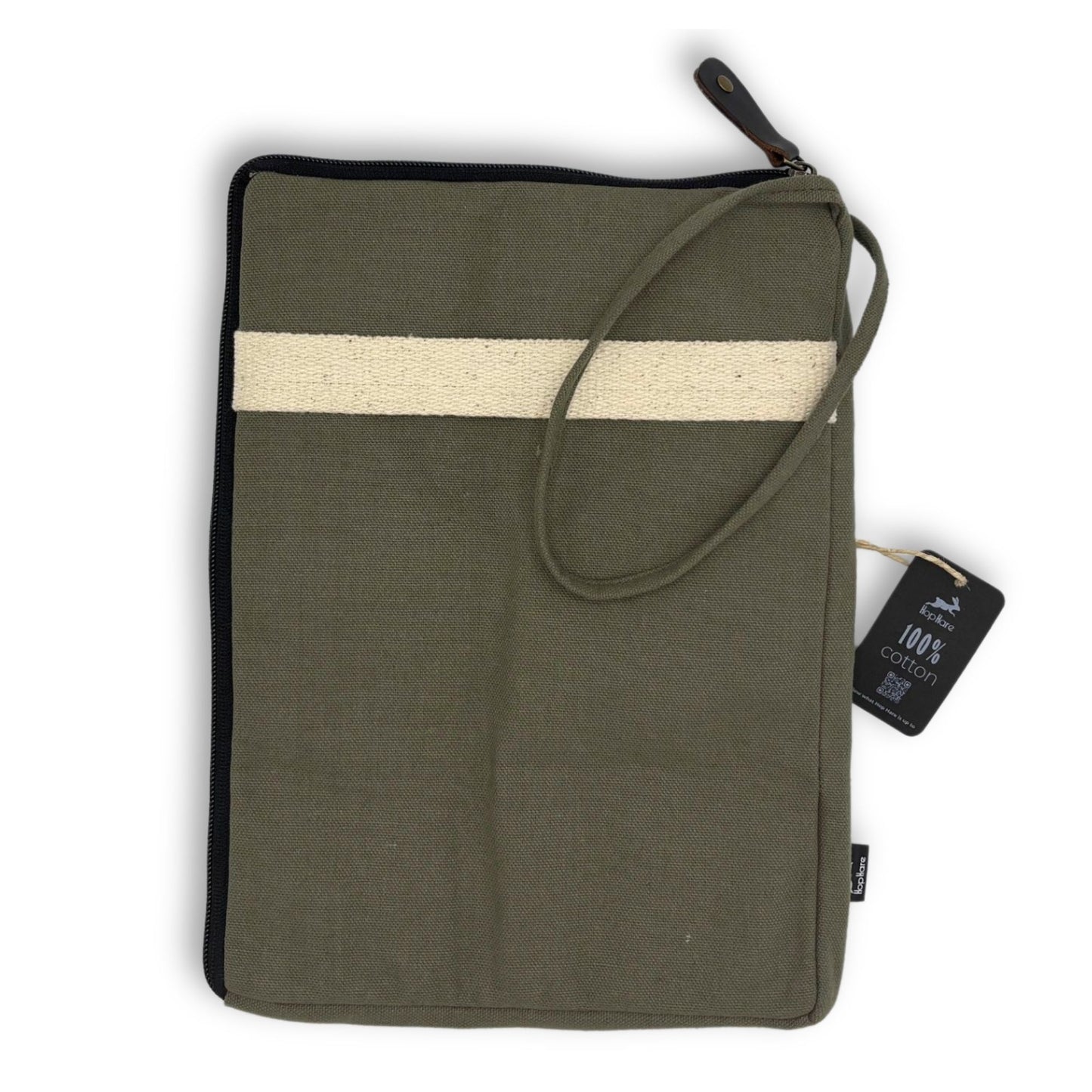 Slim olive green canvas tablet pouch with a minimalist sleeve design for easy device access.