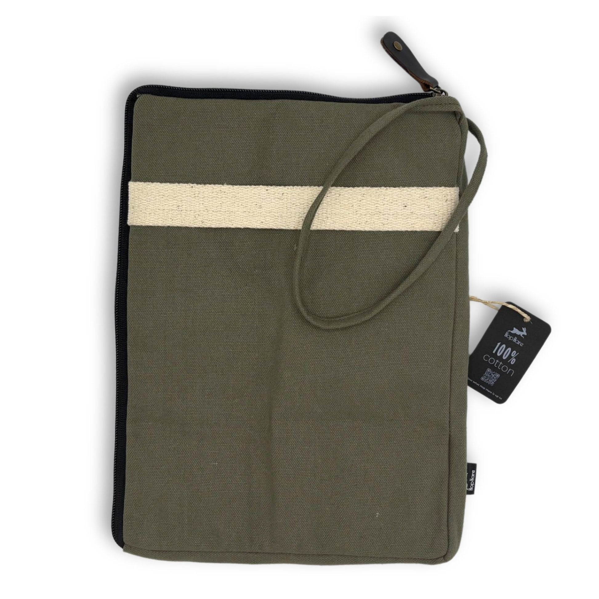 Slim olive green canvas tablet pouch with a minimalist sleeve design for easy device access.
