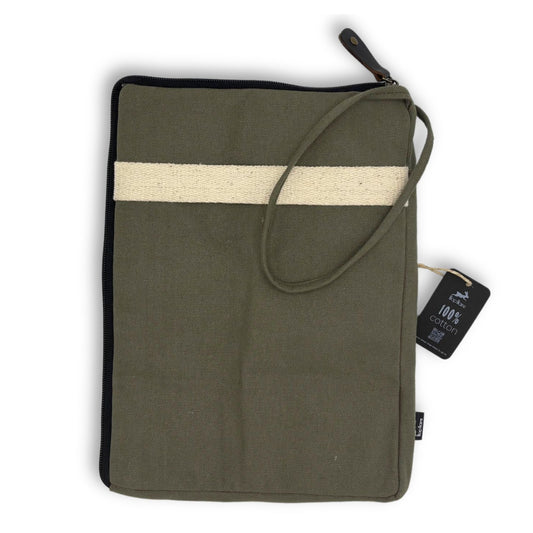 Slim olive green canvas tablet pouch with a minimalist sleeve design for easy device access.