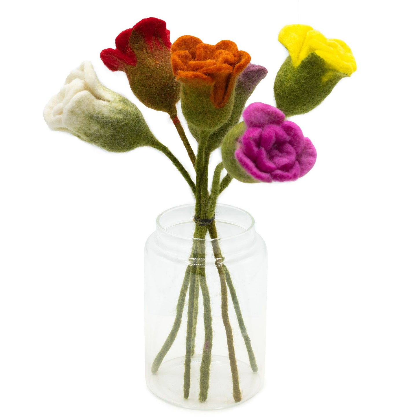 Set of six handcrafted felt roses in an assortment of vibrant colours with green leaves and flexible stems.