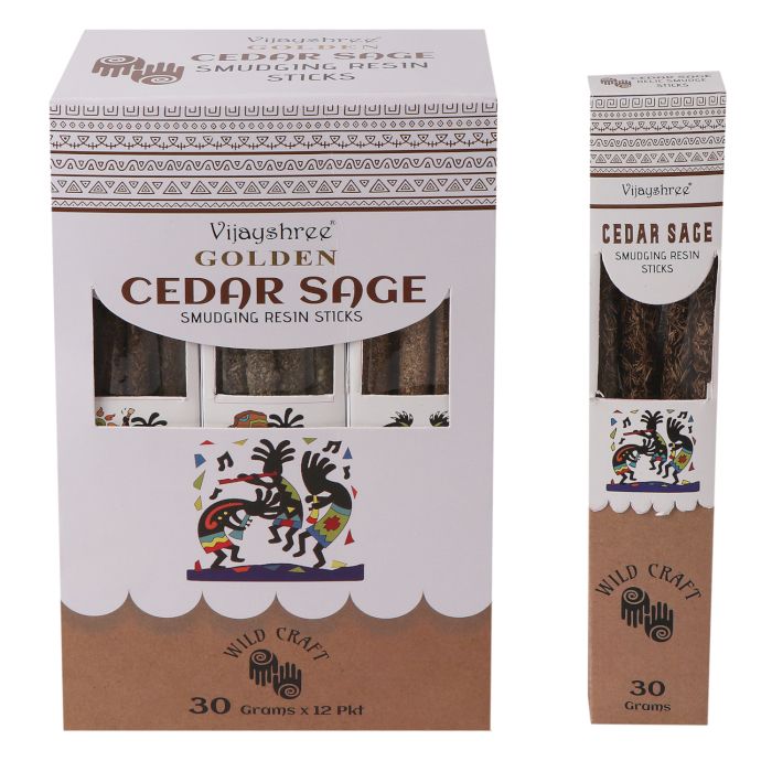 Handcrafted smudging resin sticks made with golden cedar and sage for spiritual cleansing.