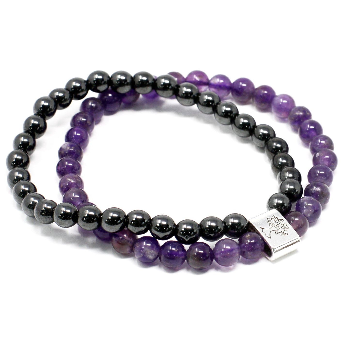 Purple amethyst gemstone beads on a stretch magnetic bracelet.