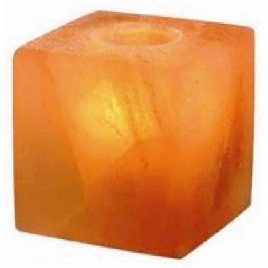 Hand-carved square Himalayan salt oil burner with a glass dish on top for essential oils.