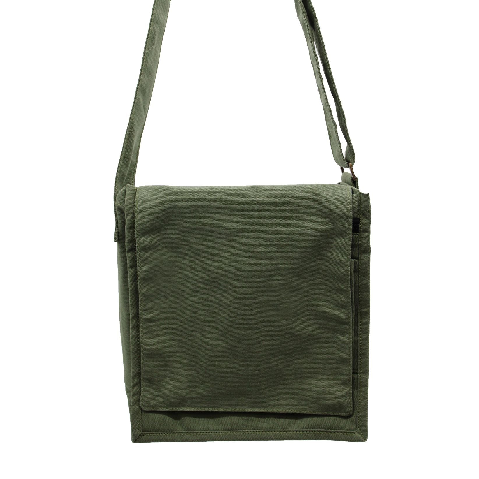 Durable green cotton canvas messenger bag with a wide adjustable shoulder strap and a classic minimalist design.