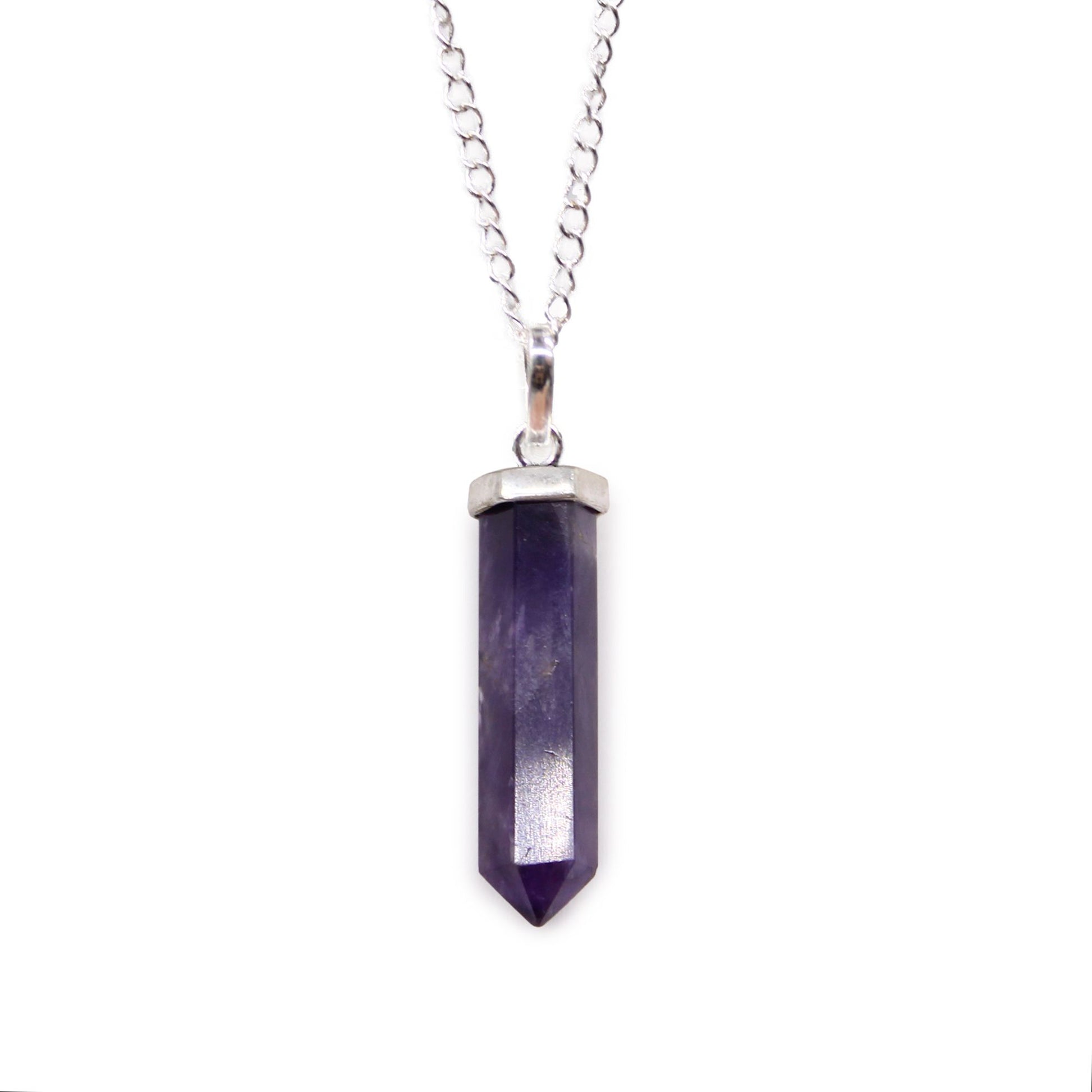 Elegant purple amethyst gemstone carved into a classic hexagonal point with a silver-toned metal bale.