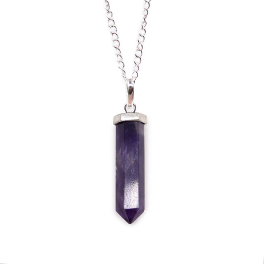 Elegant purple amethyst gemstone carved into a classic hexagonal point with a silver-toned metal bale.