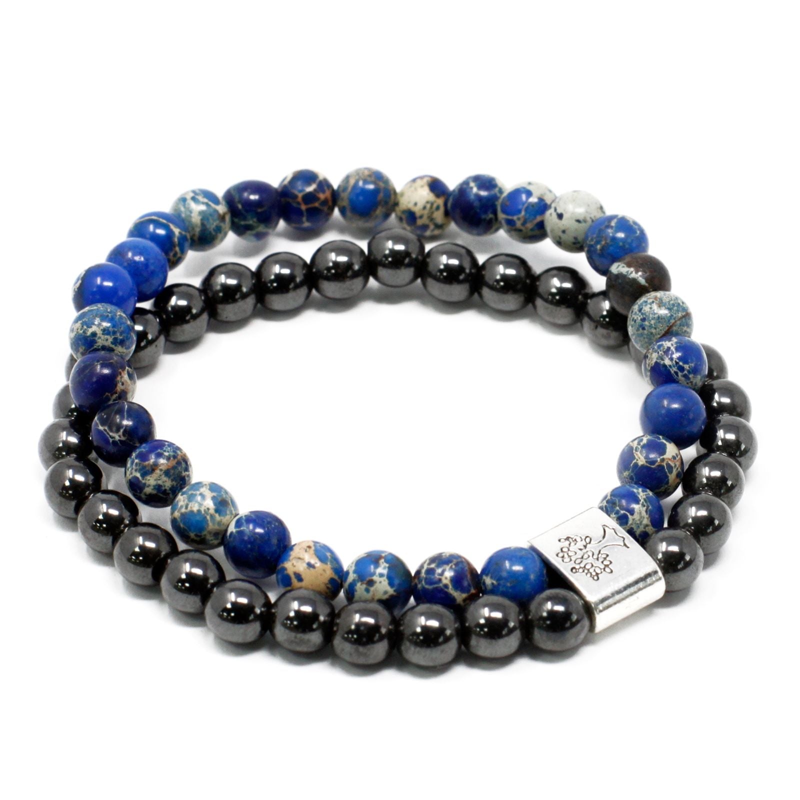 Magnetic gemstone bracelet featuring polished blue and white marbled sodalite beads on a stretch cord.