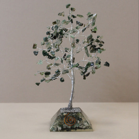 Beautiful gemstone tree featuring 160 green moss agate stones on twisted wire branches with a decorative orgonite base.