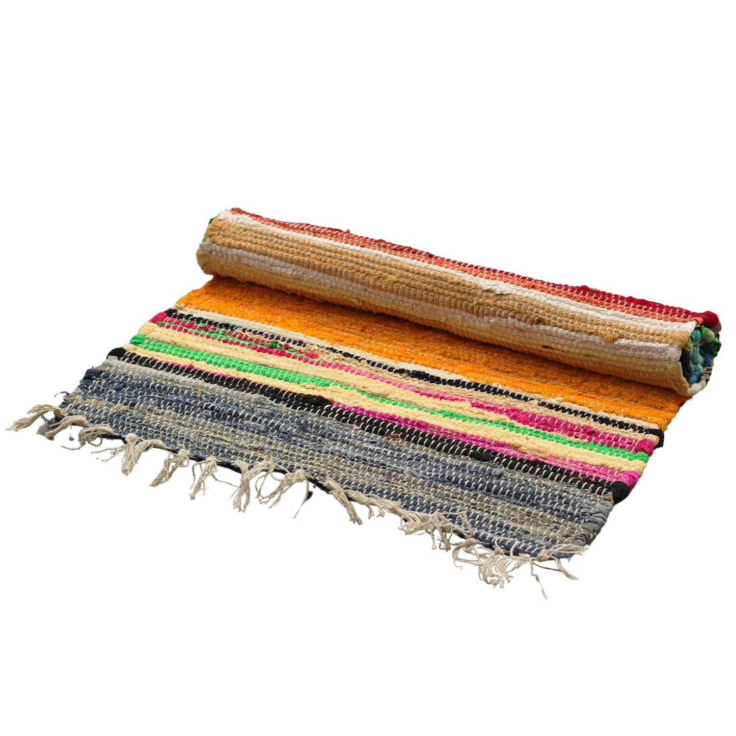 Large rectangular handcrafted rag rug featuring vibrant multi-coloured rainbow recycled fabric strips.