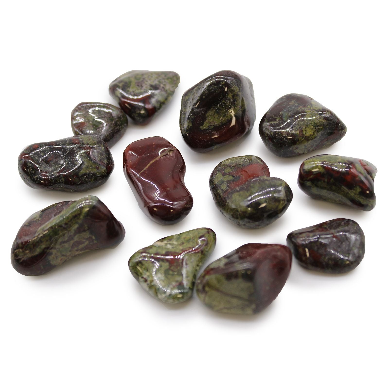 Smooth medium-sized green and red mottled Dragon Stone tumble stones.