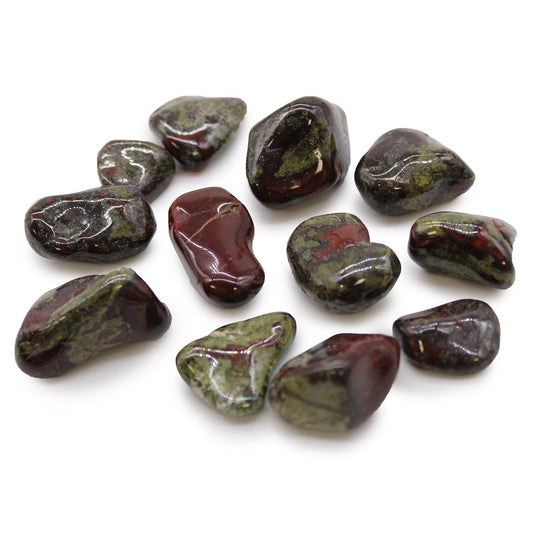 Smooth medium-sized green and red mottled Dragon Stone tumble stones.