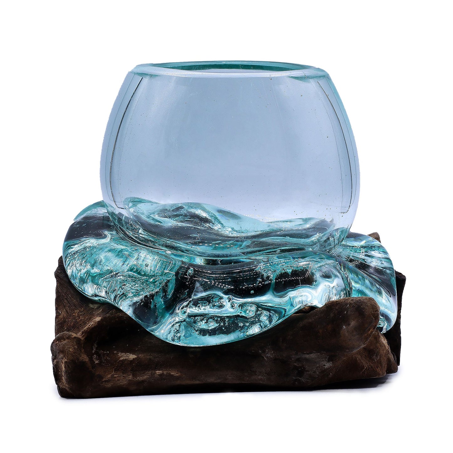 A small hand-blown molten glass bowl beautifully melted over a rustic natural wood base, creating a flowing organic shape.