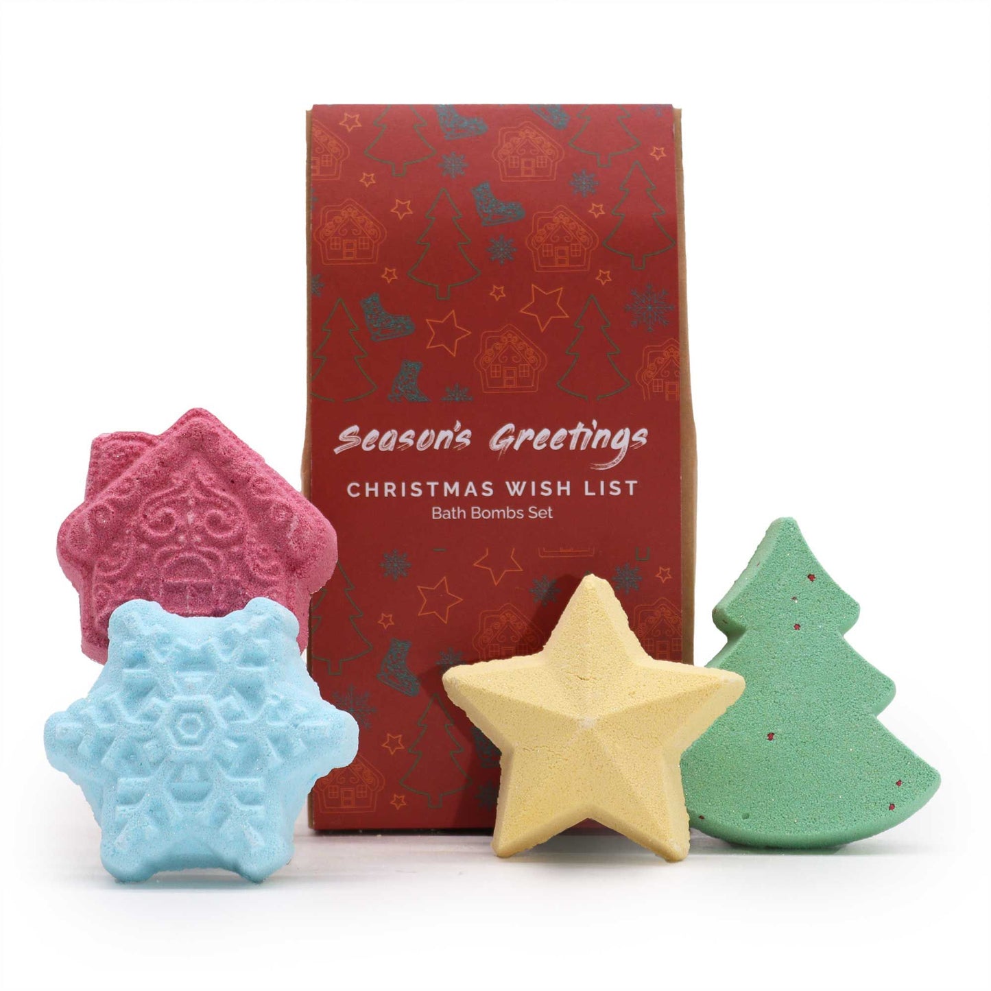 Festive collection of handcrafted colourful bath bombs in a decorative holiday gift box for Christmas gifting.