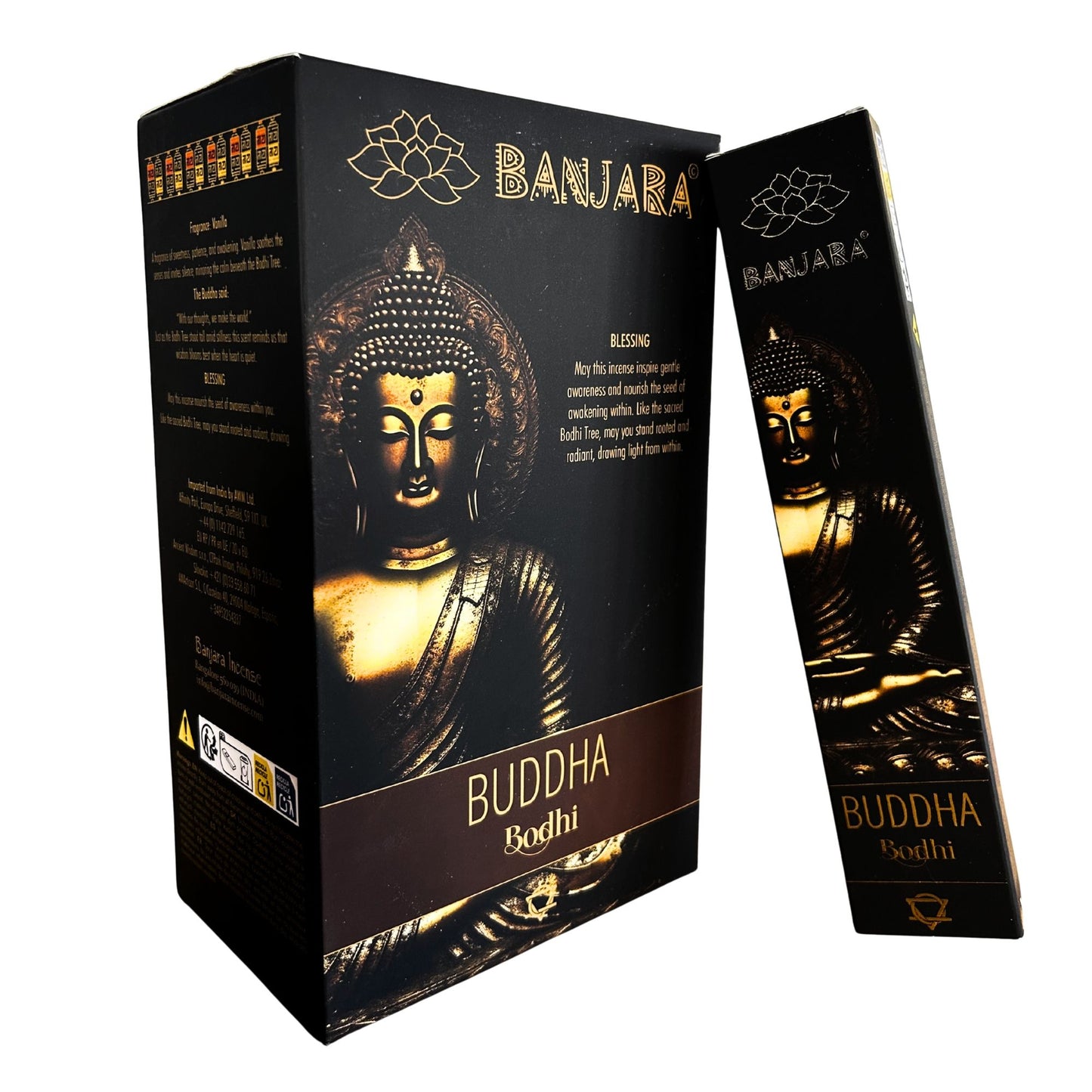 Handmade incense sticks in a decorative blue box featuring a golden Buddha figure under a sacred tree.