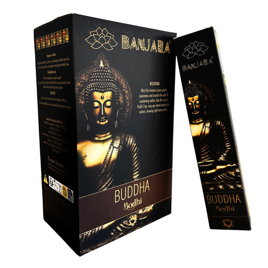 Handmade incense sticks in a decorative blue box featuring a golden Buddha figure under a sacred tree.