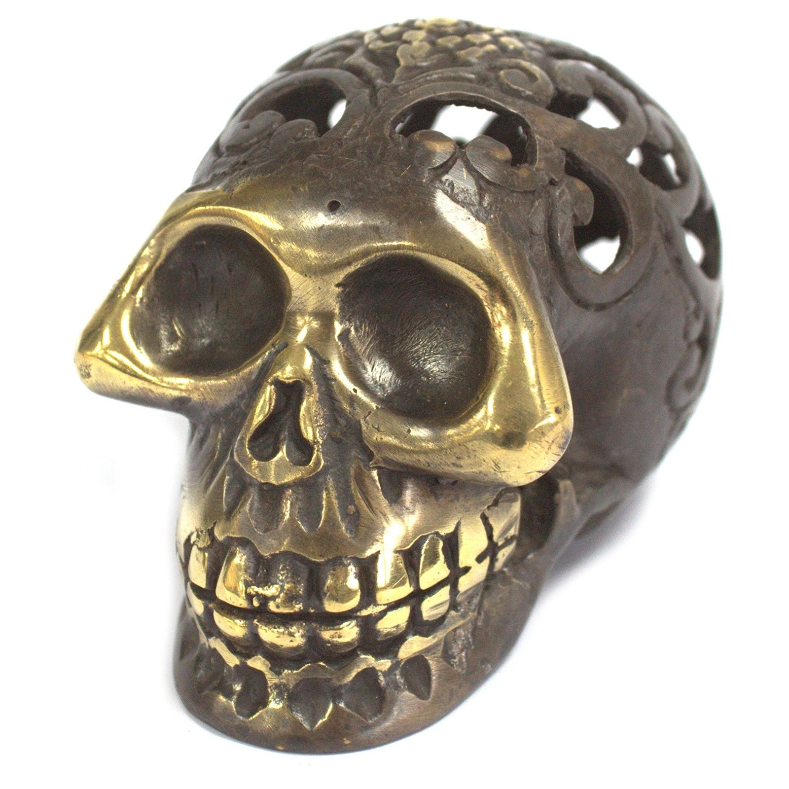 Detailed vintage-style brass skull ornament with an elegant metallic finish and intricate facial features.