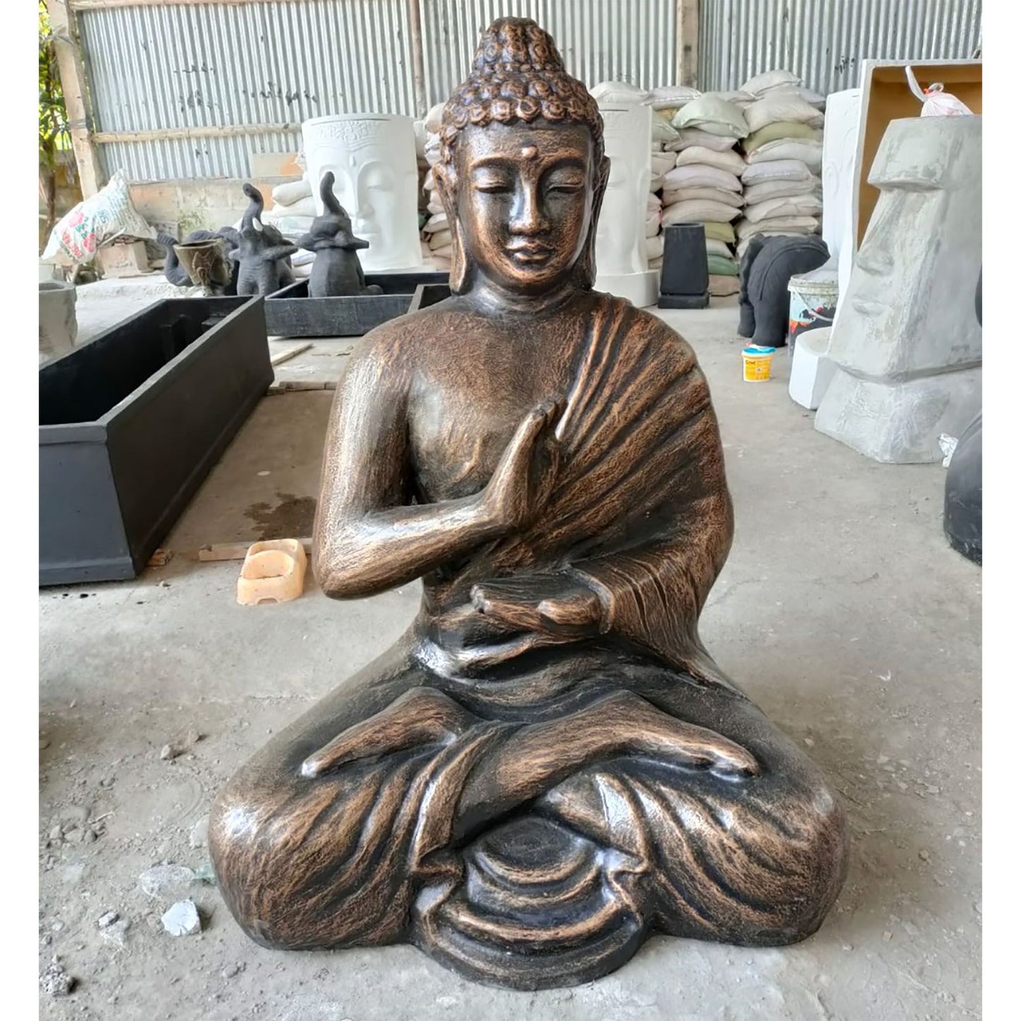Large 1.5m antique gold Buddha statue in a meditative pose, housed within an ornate stupa structure.