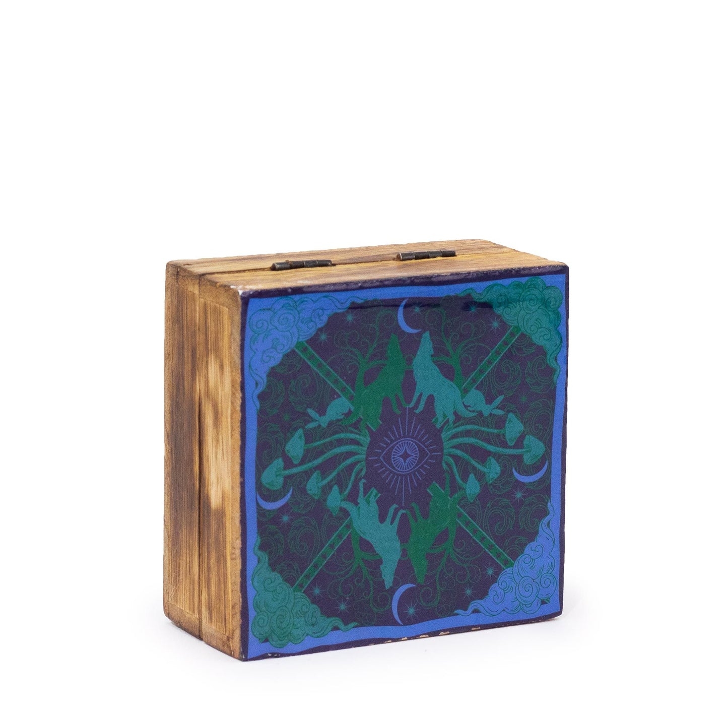 Small square wooden box with a vibrant enameled lid featuring a wolf howling at a crescent moon.