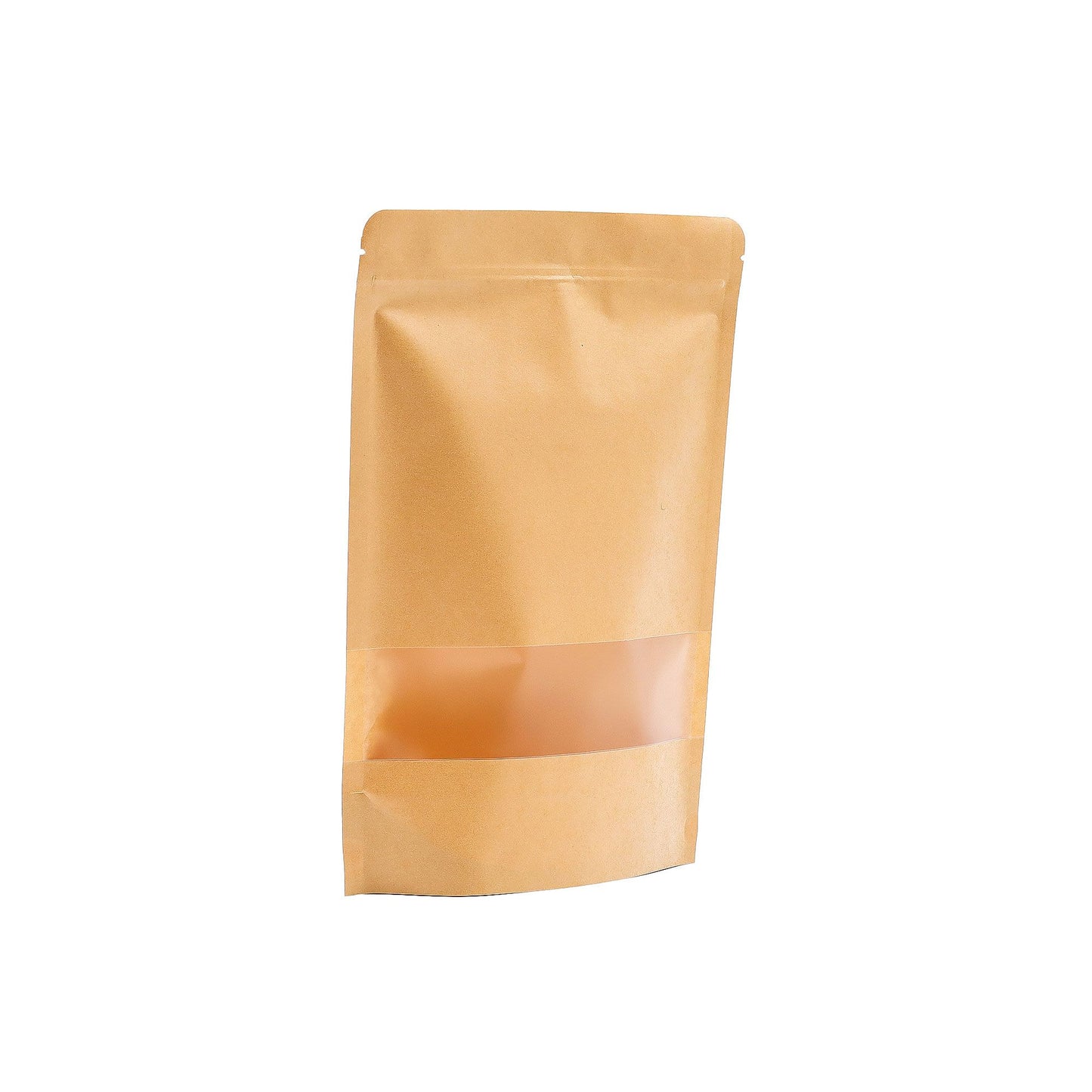 Eco-friendly brown kraft paper bag with a clear rectangular front window and a secure zip lock seal.