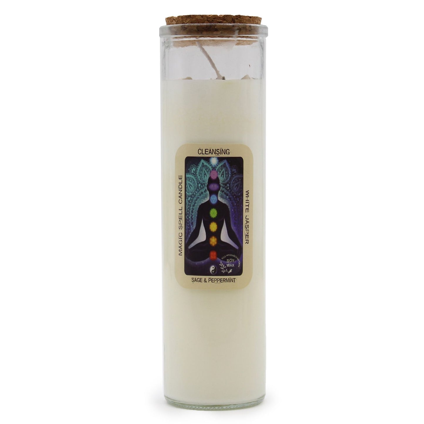 Soy wax candle in a glass jar with white jasper gemstones and dried herbs on top.