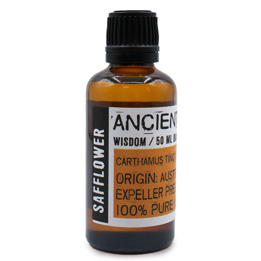 Clear amber glass bottle of safflower oil with a black dropper cap on a neutral background.