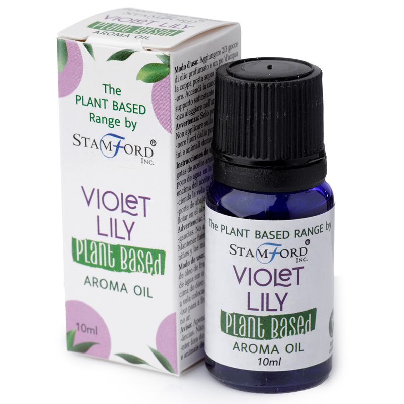 A small amber glass bottle of Violet Lilly plant-based aroma oil with a minimalist white label.