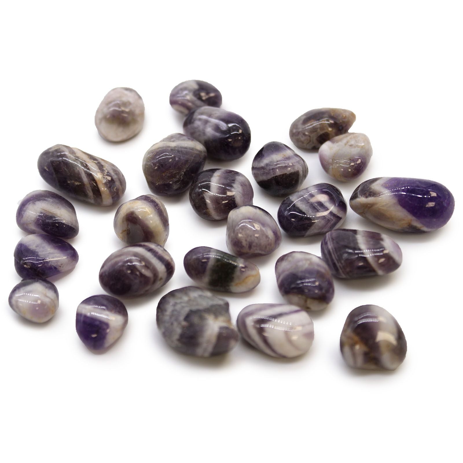 Small polished Amethyst Chevron tumble stones featuring characteristic purple and white V-shaped quartz stripes.
