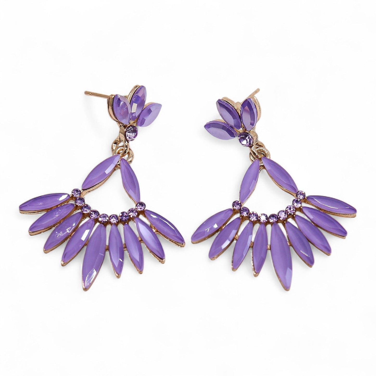 Elegant long drop earrings featuring translucent lavender glass beads suspended from sleek stainless steel hooks.