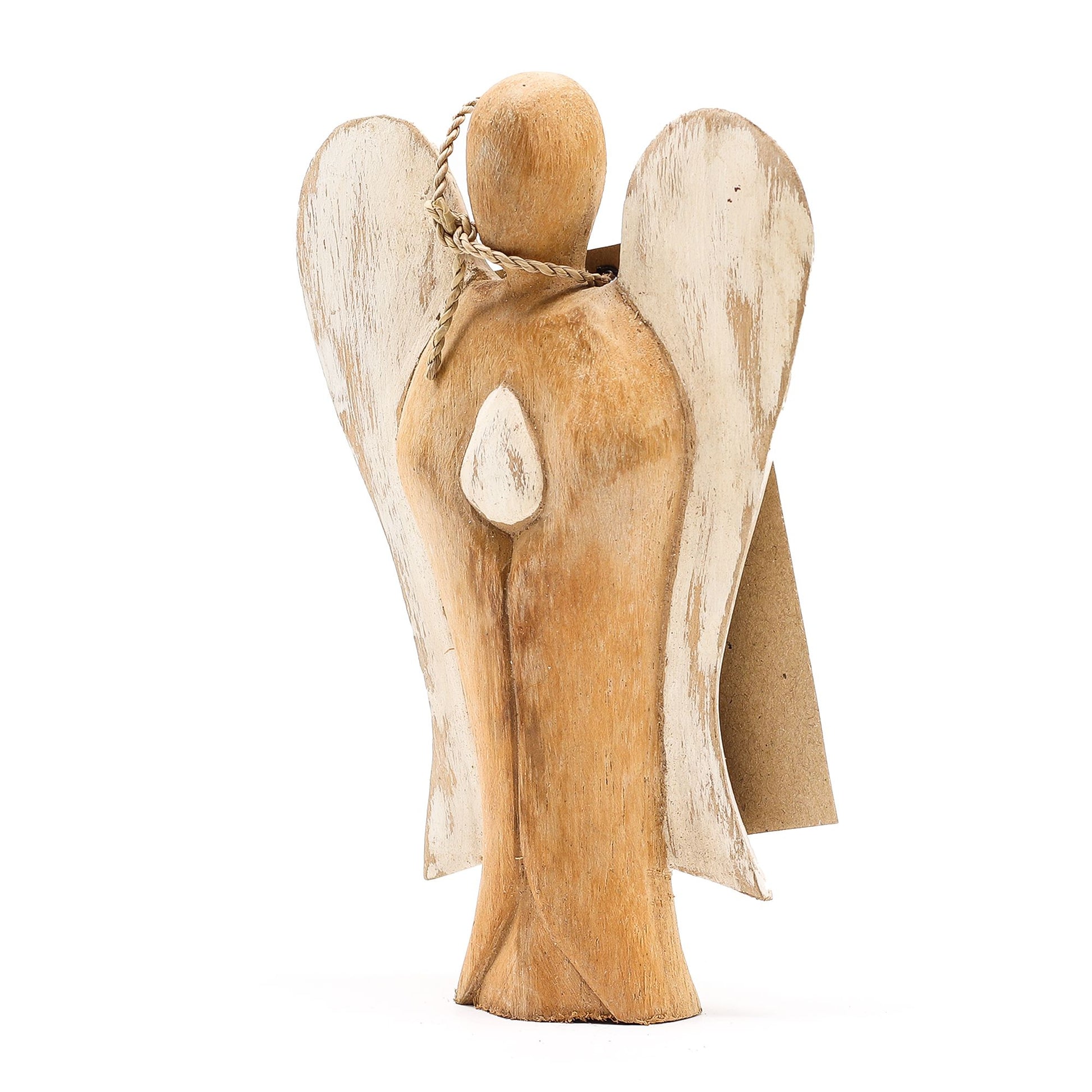 Hand-carved wooden angel figurine with white wings and 'Peace' inscribed on the back, standing 15cm tall.