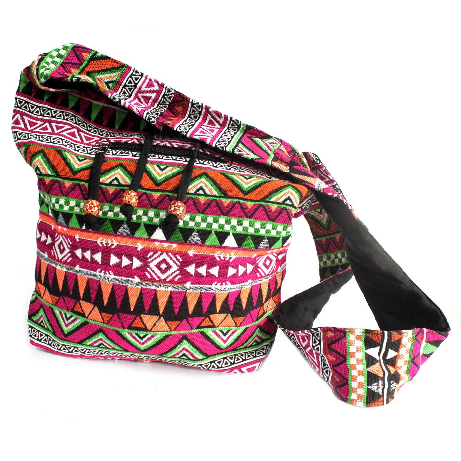 Casual pink student backpack made from ethnic jacquard fabric with traditional woven patterns.
