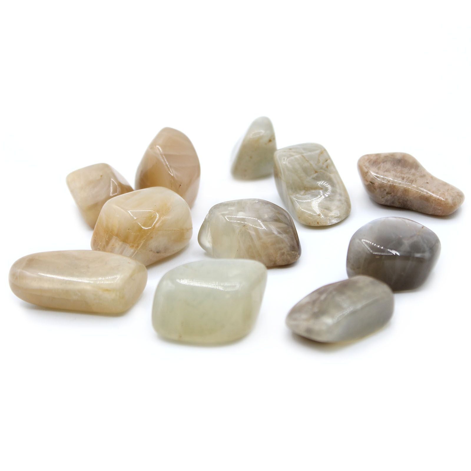 Highly polished large milky white moonstone tumble stone with a smooth surface and natural subtle sheen.