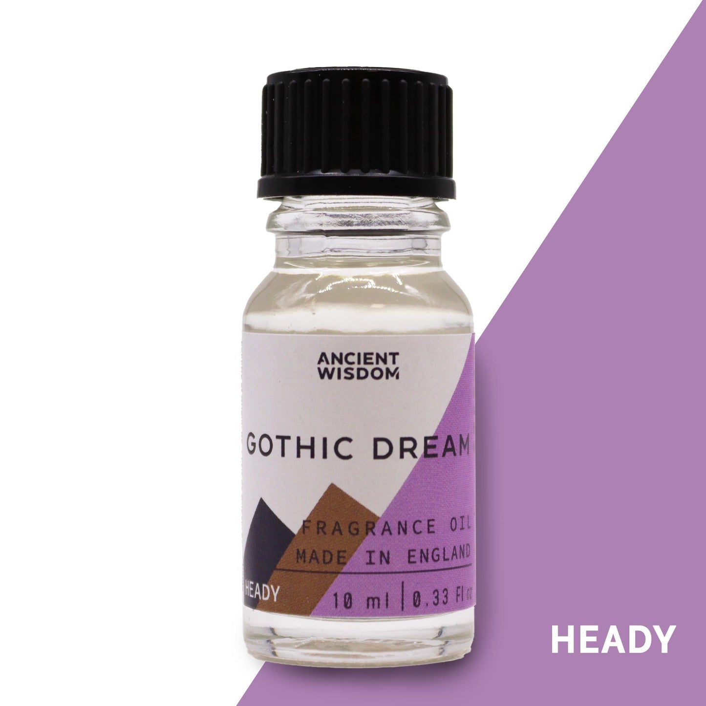 A 10ml amber glass bottle of Gothic Dream fragrance oil with a black dropper cap on a neutral background.