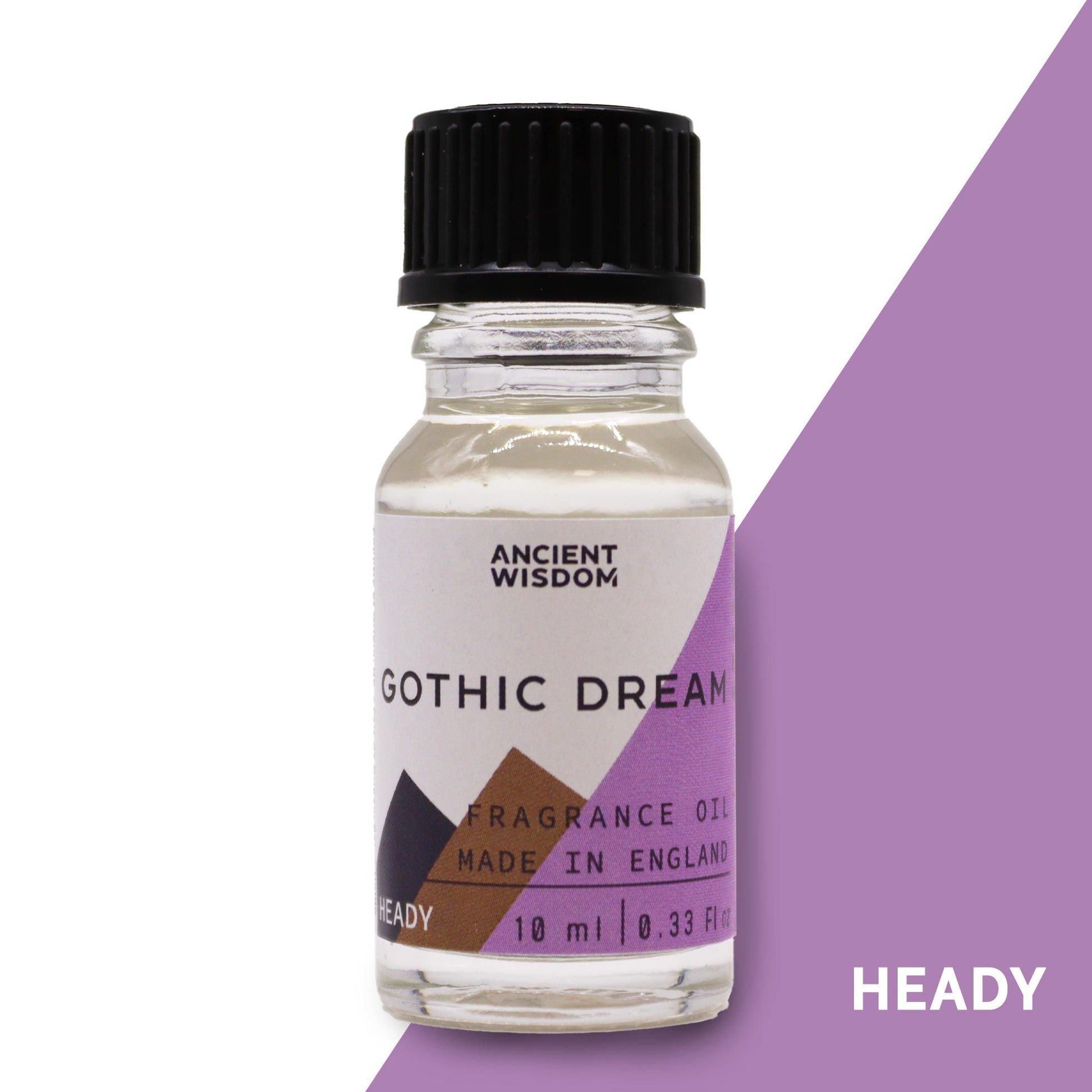 A 10ml amber glass bottle of Gothic Dream fragrance oil with a black dropper cap on a neutral background.