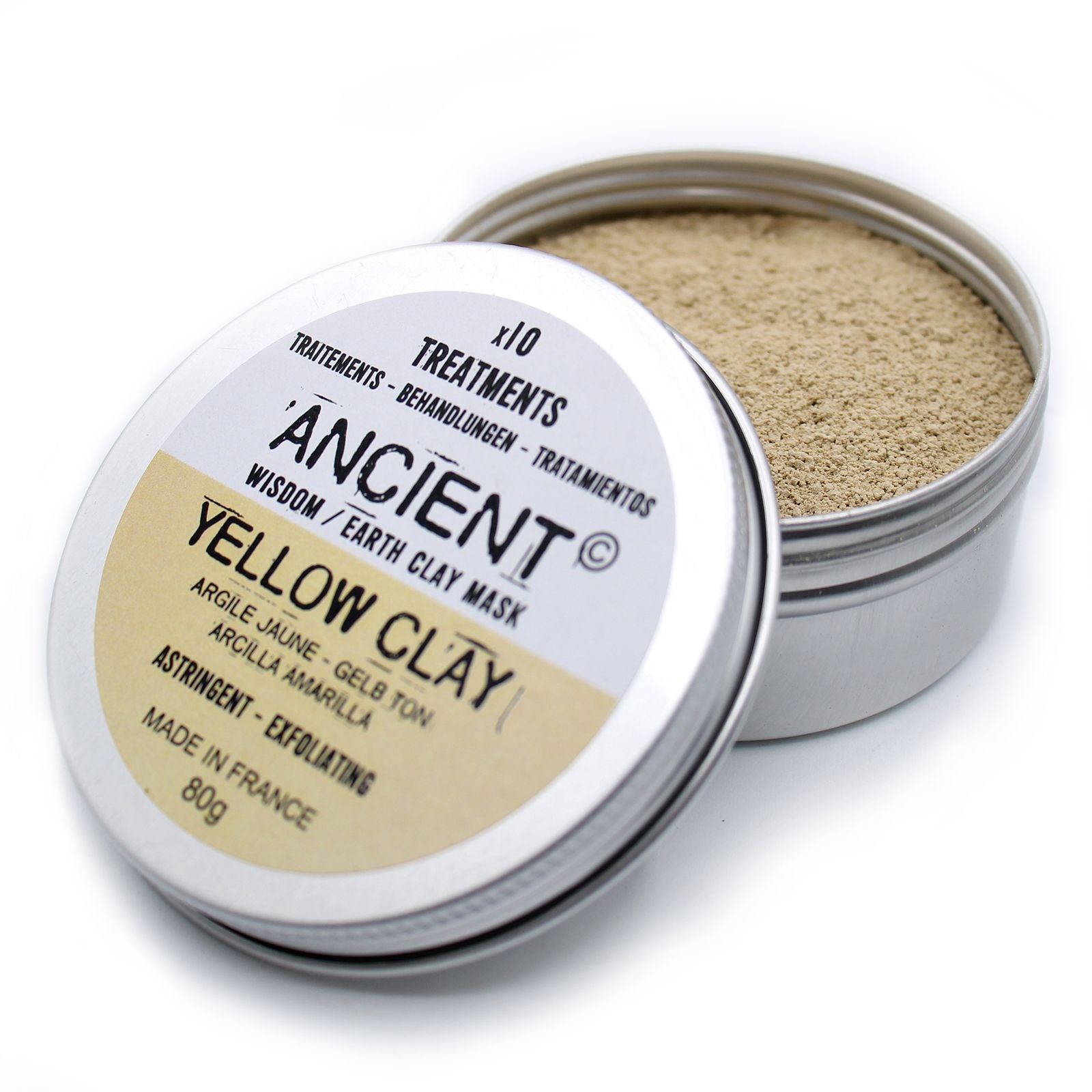 Fine yellow clay powder for face masks in a clear package, showing a smooth and natural texture.