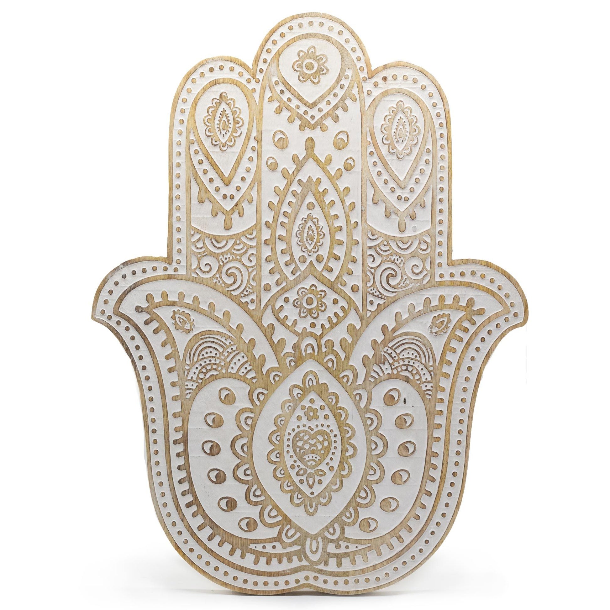 Handcrafted mango wood hamsa hand wall plaque with an elegant whitewashed finish and intricate carved details.